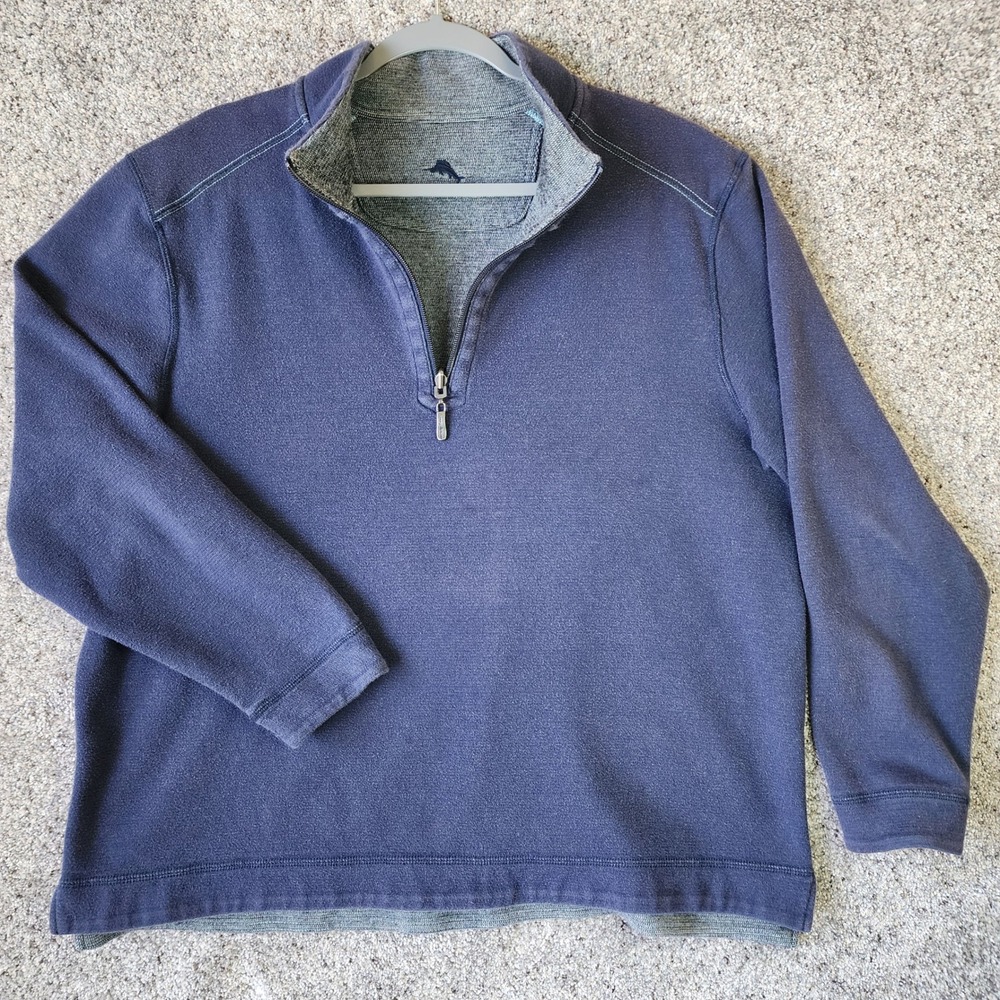 Tommy Bahama Quarter Zip Pullover Mens L Reversible Navy Grey Marl Good